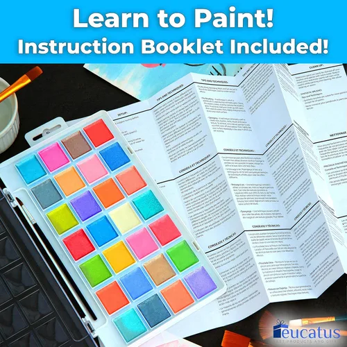 Vista 6 de Juego de acuarela de 28 colores brillantes no tóxicos de fácil limpieza con pincel. La pintura brillante lavable es divertida, brillante y de secado