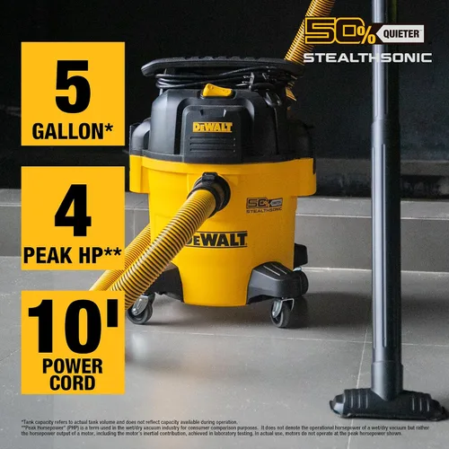 Vista 2 de DEWALT Aspiradora Stealthsonic de 5 galones y 4 HP DXV05P-QTB con 6 bolsas de polvo, aspiradora ultra silenciosa de polietileno con potente succión