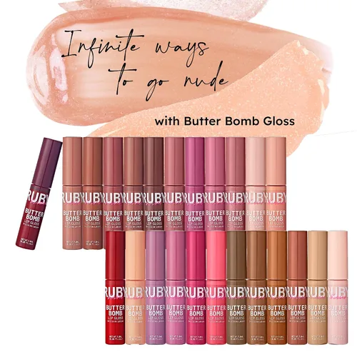 Vista 7 de Ruby Kisses Brillo de labios Butter Bomb Gloss, brillo de labios no pegajoso, vitamina E, tono natural desnudo, maquillaje de labios - 7.8mL