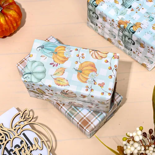 Vista 4 de Whaline 12 hojas de papel de regalo de calabaza de otoño, bohemio, pastel, calabaza, camión, papel de regalo, a cuadros blancos cian, manualidades