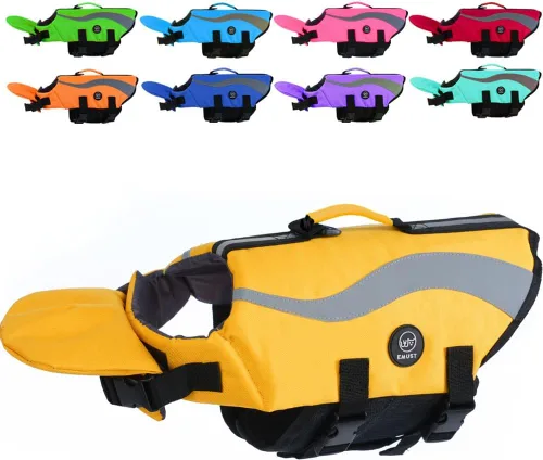 Vista 24 de EMUST Chaleco salvavidas para perros, chaleco salvavidas reflectante para nadar con 4 bolsillos, chaleco flotante para perros pequeños, medianos