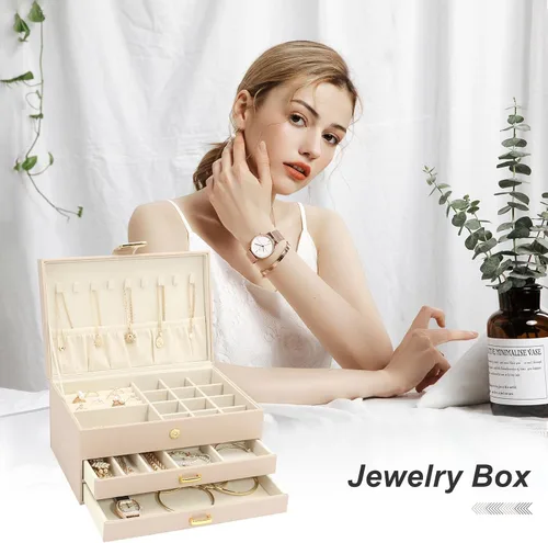 Vista 2 de V-LAFUY Organizador de joyas, organizador de joyas medio y almacenamiento, caja de joyería de 3 niveles con 2 cajones, cajas de joyería