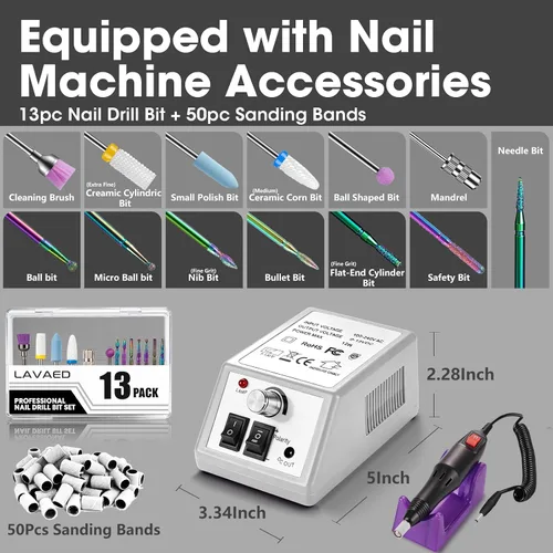 Vista 5 de LAVAED Kit de máquina de taladro de uñas eléctrico profesional, vibración de bajo ruido con brocas de uñas y bandas de lijado para taladro de uñas