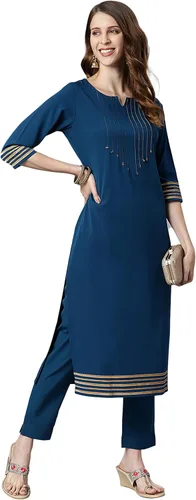 Vista 3 de Janasya Kurta de poli crepé para mujer con pantalón