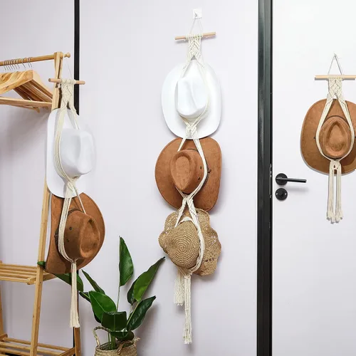 Vista 5 de Yulejo 3 piezas de macramé para sombrero, colgador de sombreros bohemio para pared, organizador de vaquera, estante de exhibición de tejido a mano