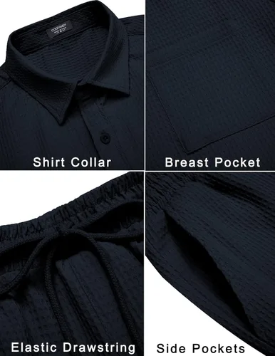 Vista 5 de COOFANDY Conjunto de 2 piezas para hombre camisa casual de manga corta y conjunto de playa corto de verano