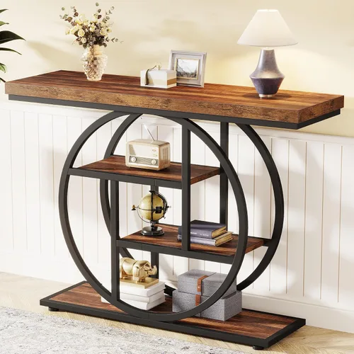 Vista 3 de Tribesigns Mesa de Consola de 41.3", Mesa Industrial de 4 Niveles para Sofá Mesa de Entrada con Base Circular, Mesas de Acento de Madera Estrechas