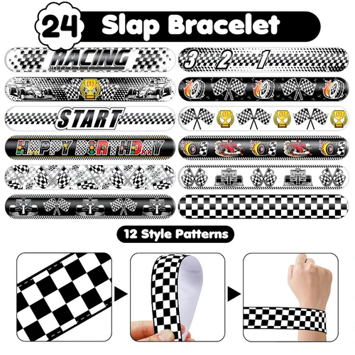Vista 5 de Juego de 72 piezas de bandera a cuadros, 48 tatuajes temporales y 24 pulseras de palmada, suministros de cumpleaños temáticos de carreras, regalos