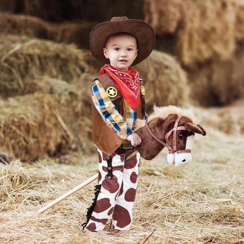 Vista 7 de Kids Cowboy Costume Boys Halloween Dress Up Cosplay Set Birthday Party Role Play Western Chaps Outfit Hat Accessories