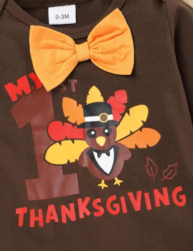 Vista 3 de Mi primer traje de Acción de Gracias para bebé, traje de pavo con tirantes, pantalones con tirantes, sombrero de Acción de Gracias, traje de bebé
