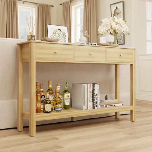 Vista 14 de Gizoon - Mesa de consola con 2 cajones, mesa de entrada de 2 niveles de madera con estantes de almacenamiento, mesa de sofá de 39" de ancho