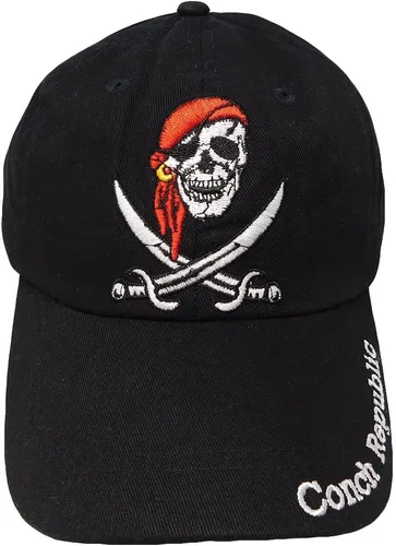 Vista 3 de Gorra de béisbol bordada ajustable de algodón negro con diseño de pirata y espadas cruzadas de Conch Republic, Multi