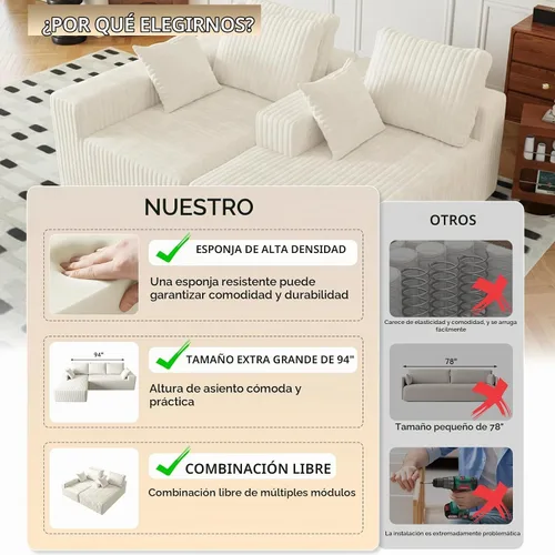 Vista 9 de Sofá modular de nube seccional de 108 pulgadas para sala de estar, asiento profundo en forma de L, sofá sin hueso con diván de gran tamaño, cómodo