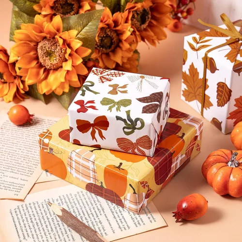 Vista 5 de RUSPEPA Hojas de papel de regalo de otoño, diseño de calabaza, girasol, hojas y cuadros, papel de regalo para Acción de Gracias, cumpleaños, regalos