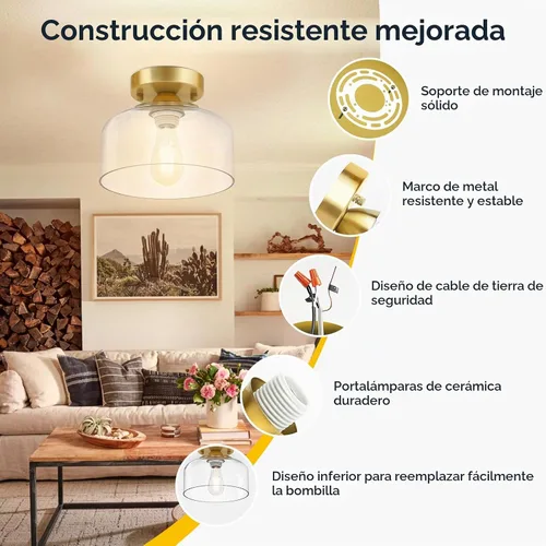 Vista 4 de Lámpara de techo semiempotrada dorada cepillada, pantalla colgante de vidrio transparente, lámpara moderna de granja para pasillo, pasillo, cocina