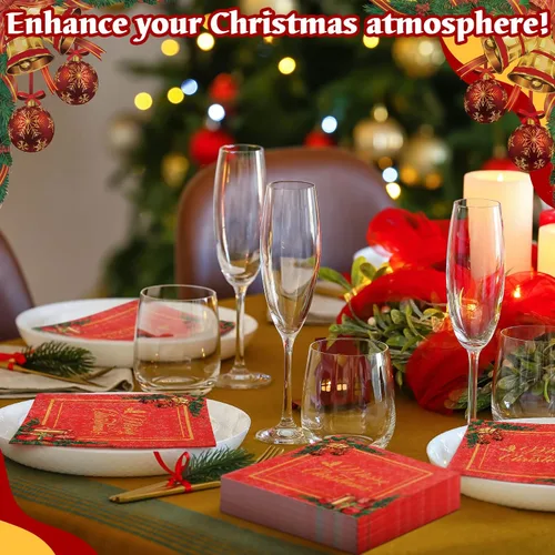 Vista 6 de 200 servilletas de papel de cóctel de Navidad, color rojo y dorado, desechables, servilletas de papel para bebidas navideñas para fiestas de postres