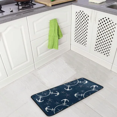 Vista 2 de Alfombras de cocina retro con diseño náutico, diseño azul marino, antideslizantes, suaves, tapetes de cocina, tapetes de baño, alfombra