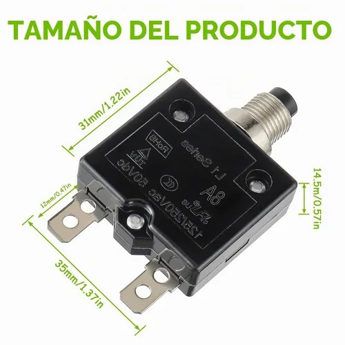 Vista 2 de Disyuntor de botón de reinicio manual 8A, 125/250 V CA, 50 V, CC, protector de sobrecarga térmica con terminales de conexión rápida y tapas de botón