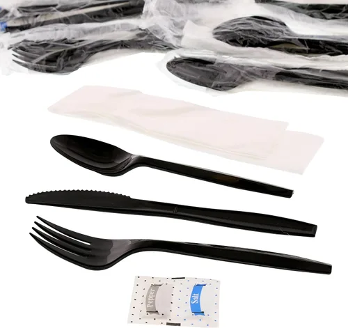 Vista 3 de Kit de 6 piezas negro mediano de peso grande tenedor-cucharadita-cuchillo-12" x 13" servilleta S&P