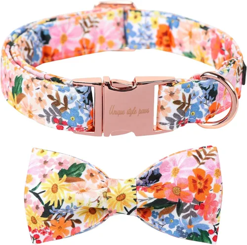 Vista 38 de Unique style paws Collar de perro de algodón con lazo, collar para cachorro con cuadrícula negra y azul para perros pequeños, medianos y grandes
