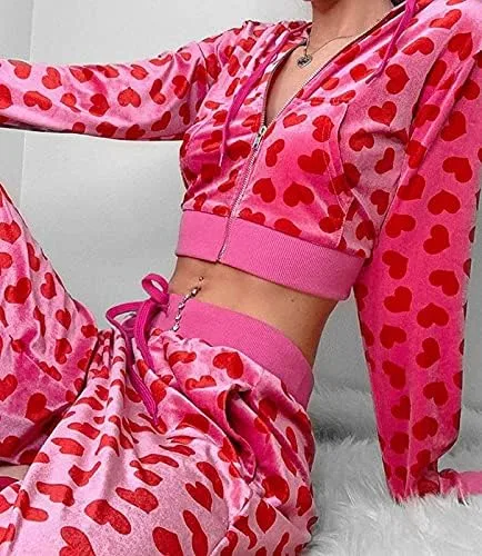 Vista 4 de Sudaderas cortas de terciopelo Y2K con estampado de corazón rosa para mujer, de manga larga, kawaii, lindas prendas de otoño e invierno, Rosado