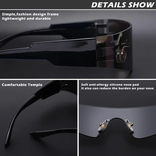 Vista 5 de Hycredi Y2K - Lentes de sol envolventes futuristas sin montura para mujeres y hombres lentes de visera de una pieza persianas Cyber Punk