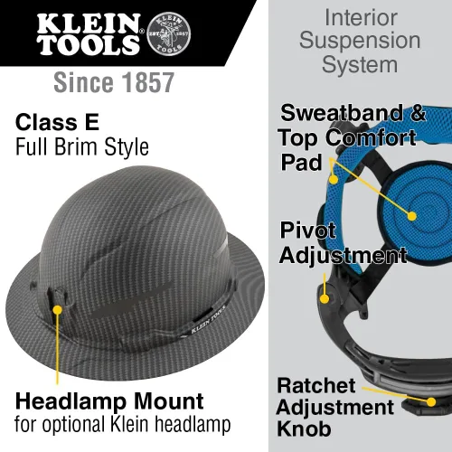Vista 2 de Casco duro Klein Tools, con borde completo no ventilado, patrón KARBN premium, Clase E, probado hasta 20kV, banda acolchada que absorbe el sudor