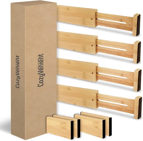 Vista 2 de Separadores de cajones de bambú ajustables para ropa, utensilios de cocina, escritorios de oficina, accesorios de baño, calcetines y ropa