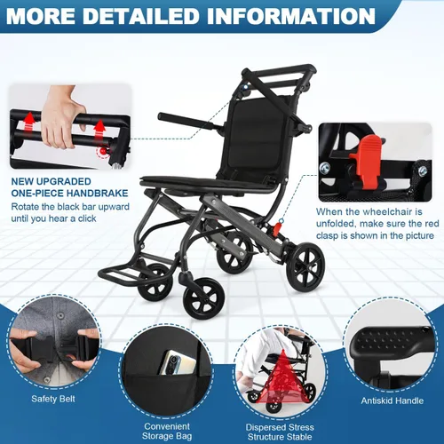 Vista 5 de Silla de ruedas ultraligera de transporte (solo 15 libras), silla de ruedas portátil plegable con freno de mano, carros para viajes en avión