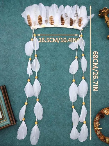 Vista 3 de Aukmla Diadema de plumas indias, tocado de plumas blancas para disfraz de Halloween para mujeres y niñas