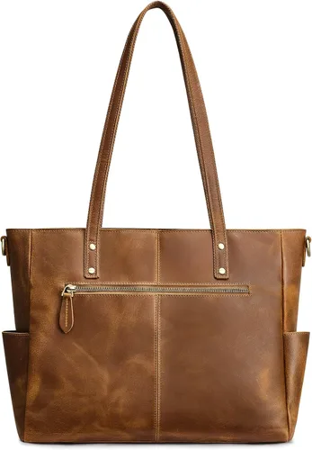 Vista 9 de S-ZONE Bolso de mano de cuero genuino para mujer, bolso de hombro grande, bolso de trabajo cruzado vintage