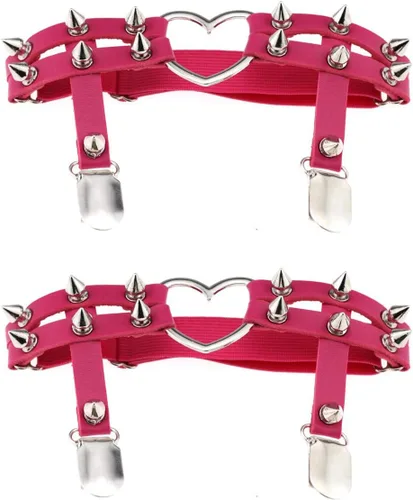 Vista 12 de Ligueros con corazón, de cuero, sexy para mujeres, punk rock, remaches, para pierna, 2 unidades Negro