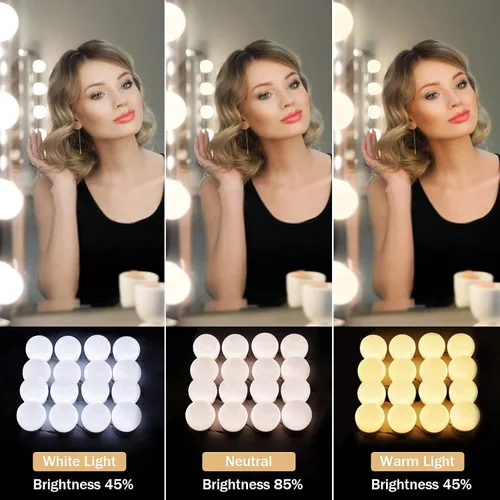 Vista 2 de Luces de tocador para espejo, 16 bombillas LED, luces de maquillaje Hollywood, 3 modos de color, brillo regulable, enchufar, pegar, para tocador