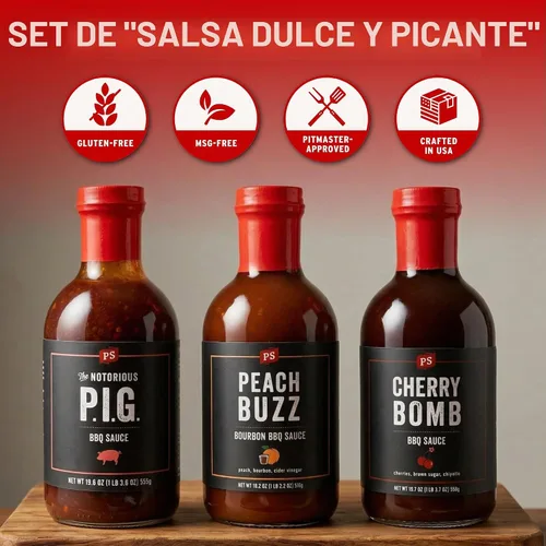 Vista 4 de PS Seasoning Salsa BBQ dulce y picante paquete de 3, cerdo desmenuzado de melocotón y cereza