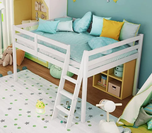 Vista 14 de VINGLI - Cama tipo loft baja de 47'' para junior con escaleras, cama de madera tamaño individual para adultos, niños y adolescentes jóvenes, sin
