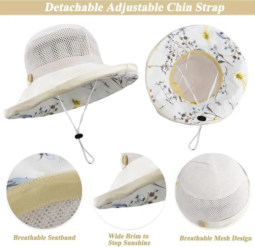 Vista 3 de Sombrero de malla para el sol para mujer, plegable, de ala ancha, protección UV, protección UV, para playa, con correa para la barbilla
