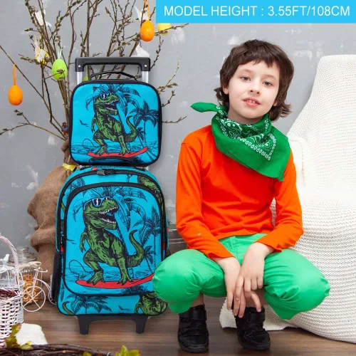 Vista 2 de AGSDON Mochila con ruedas enrollables para niños, mochila escolar con ruedas y bolsa de almuerzo, dinosaurio