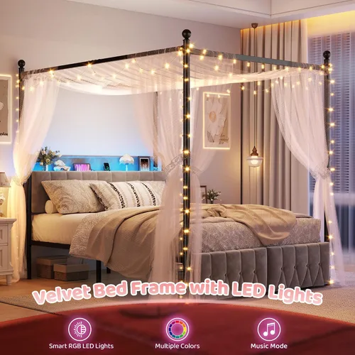 Vista 3 de Homkdom Marco de cama Queen Canopy con 2 cajones y luz LED y carga, color Gris