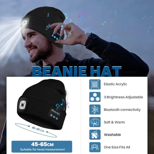 Vista 2 de Bosttor Gorro Beanie Bluetooth con Luz, Gorra con Linterna Frontal con Auriculares y Micrófono de Altavoz Integrado, Regalos para Hombres Mujeres