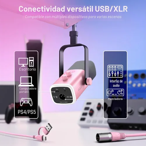 Vista 3 de FIFINE XLR Micrófono Gaming USB, Kit de Micrófono Dinámico para PC para Vocal, Grabación, Podcast, Micrófono RGB de Streaming con Conector para Rosa