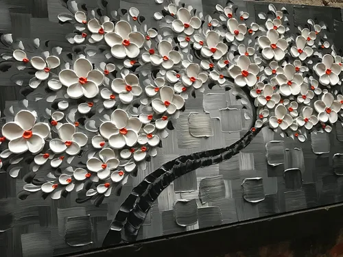 Vista 2 de Tyed Art -24x48 pulgadas Flores Arte Contemporáneo Pintura al óleo Flores Blancas Abstractas Pinturas de Árbol 100% Pintado a Mano 3D Arte Abstracto