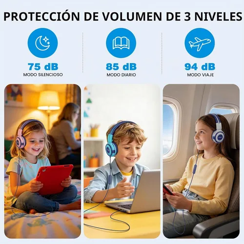 Vista 3 de SIMOLIO Auriculares para niños con 75 dB, 85 dB, 94 dB de volumen limitado y compartido, auriculares para niñas con micrófono, auriculares duraderos