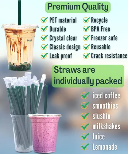 Vista 2 de [50 juegos] Vasos de plástico transparente de 12 onzas con tapas y popotes, tazas desechables para café helado con tapas, tazas transparentes