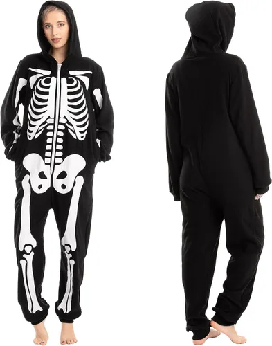 Vista 7 de Spooktacular Creations Disfraz de esqueleto Pijama unisex para adultos con capucha de felpa para Halloween y fiestas temáticas