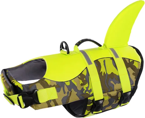 Vista 15 de Queenmore Chaleco Salvavidas para Perros Tiburón, Chaleco de Natación de Alta Flotabilidad, Chalecos Salvavidas para Perros Ajustables y Fáciles