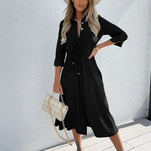 Vista 2 de Twoker Vestidos de mujer de color cuello vuelto botones cintura con cordones media manga vestido casual de primavera para mujer