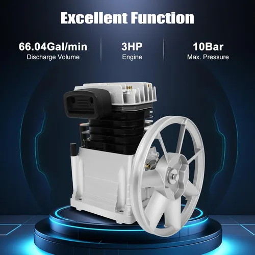 Vista 5 de Cabezal de bomba de compresor de aire, cabezal de compresor de aire de 3 HP con 2 cilindros, compresor de aire lubricado con aceite con polea