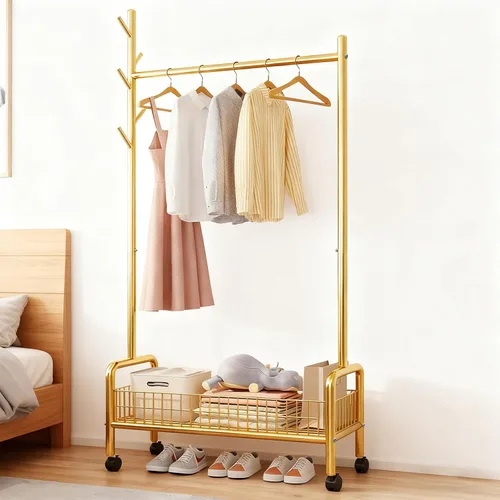 Vista 10 de Perchero con estantes de almacenamiento, perchero resistente con ruedas para dormitorio, sala de estar, organización de lavandería