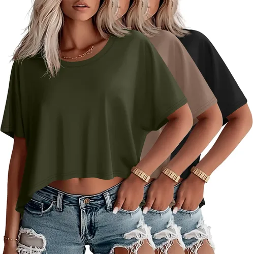 Vista 16 de Huukeay Paquete de 3 camisetas recortadas de gran tamaño para mujer, manga corta, holgadas, cuello redondo, holgadas, para entrenamiento