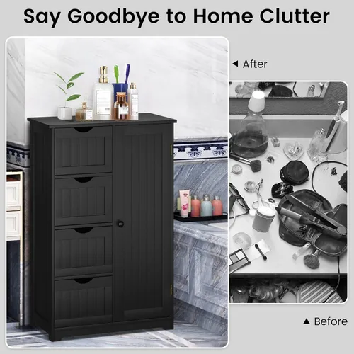 Vista 3 de COSTWAY Armario de almacenamiento de baño, organizador de almacenamiento de madera con 4 cajones profundos y estante ajustable, gabinete de piso